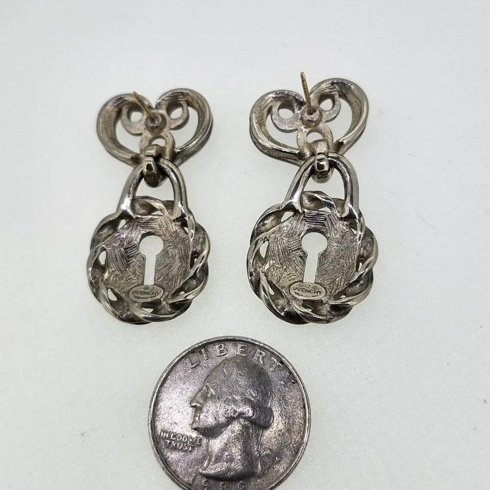 Signed Givenchy Paris NY Padlock Heart Drop Pierced Earrings DoorKnocker Vintage - Picture 4 of 9